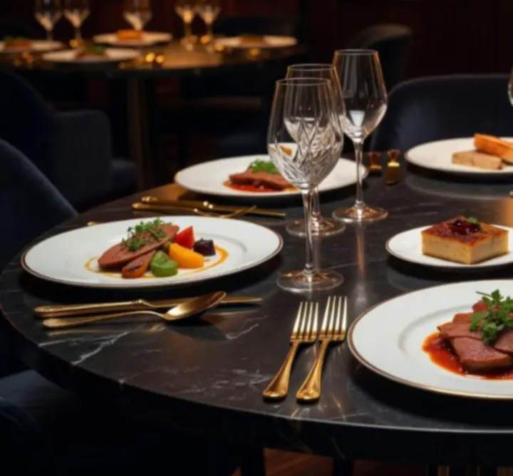 Elegáns, arany díszítésű éttermi asztal a Budapest Night Zone fine dining részlegén.