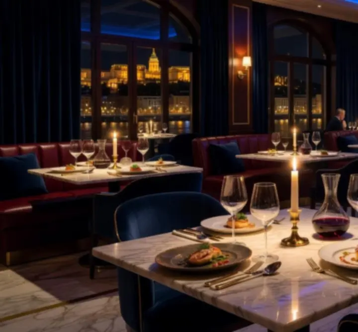 Exkluzív fine dining asztal a Budapest Night Zone gasztronómiai terében, arany részletekkel és hangulatos fényekkel.