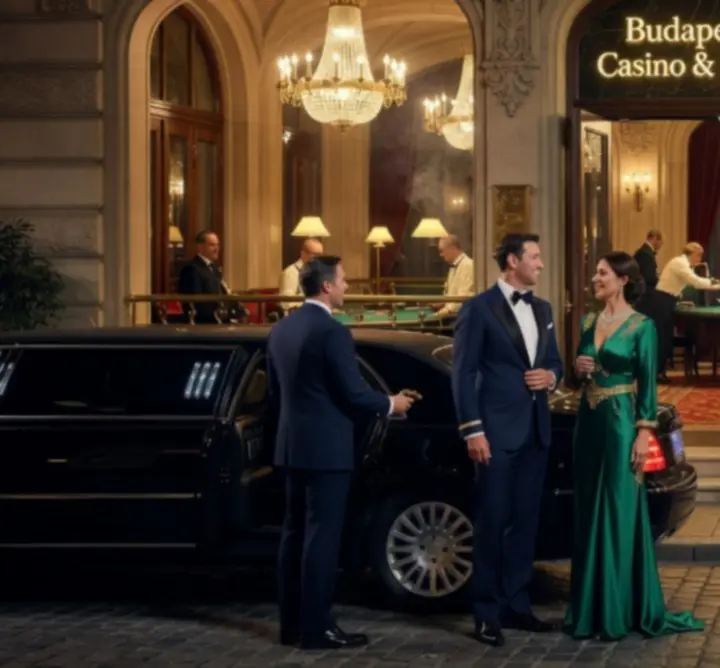 High Roller vendégek elegáns pókerasztalnál Budapesten, pezsgős poharakkal