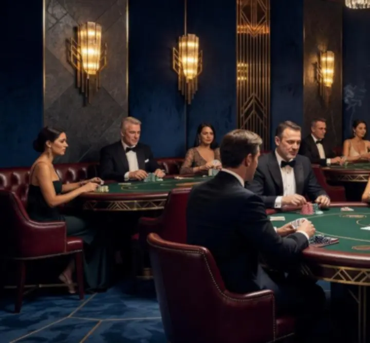 Exkluzív budapesti pókerterem art deco enteriőrrel és luxus pókerasztalokkal